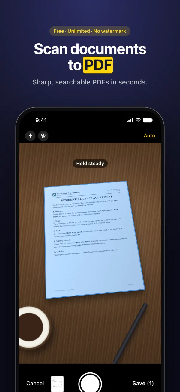The document camera capturing a lease agreement, under the headline “Scan documents to PDF.”