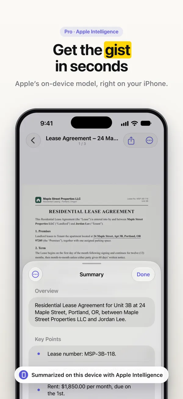 A summary of a lease written on the device, under the headline “Get the gist in seconds.”