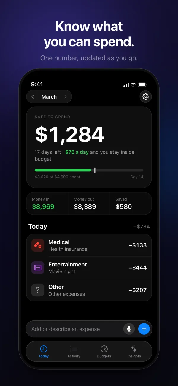 Safe to spend: $1,284 left for the month, or $75 a day, under the headline “Know what you can spend.”