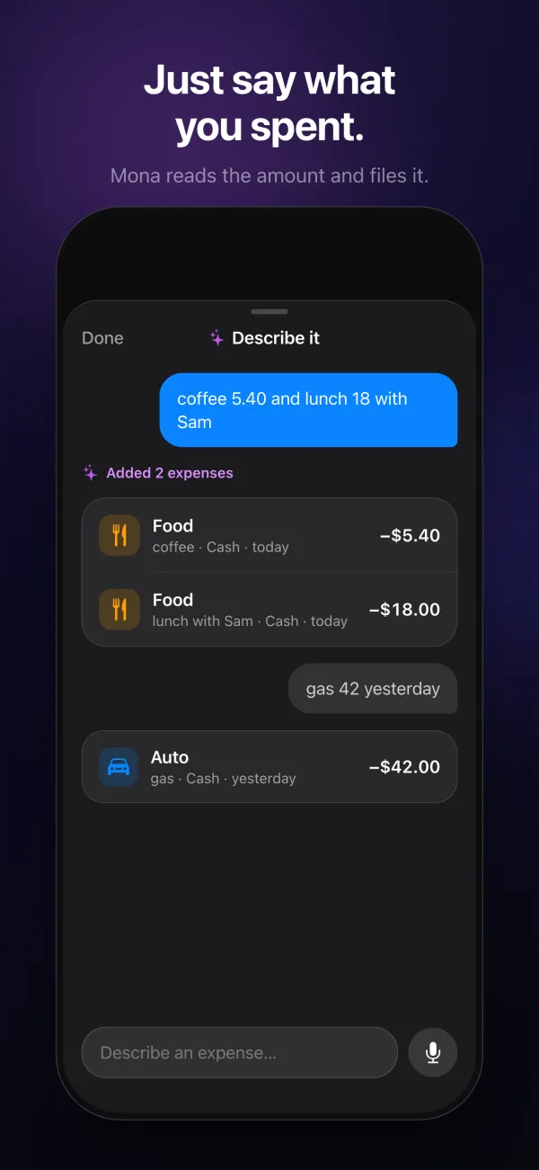 Typing “coffee 5.40 and lunch 18 with Sam” to add two expenses at once, under the headline “Just say what you spent.”