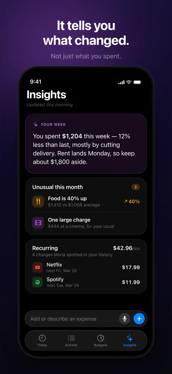 Insights explaining what changed in a week of spending, under the headline “It tells you what changed.”