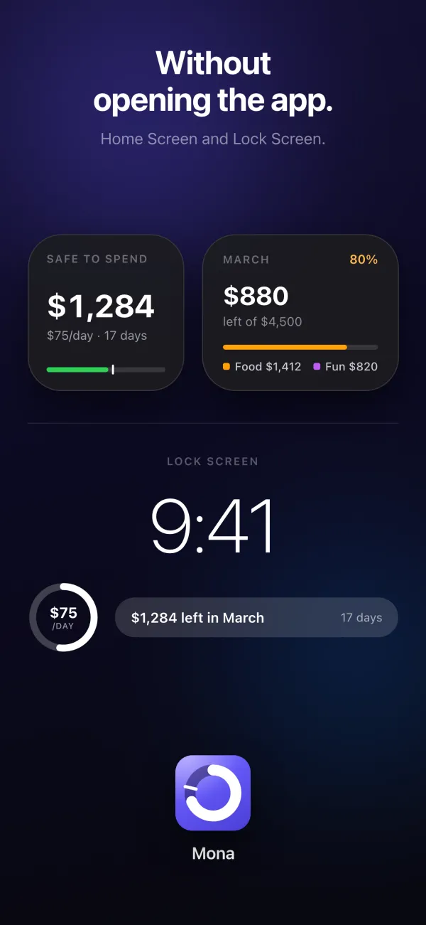 Mona’s Home Screen and Lock Screen widgets, under the headline “Without opening the app.”