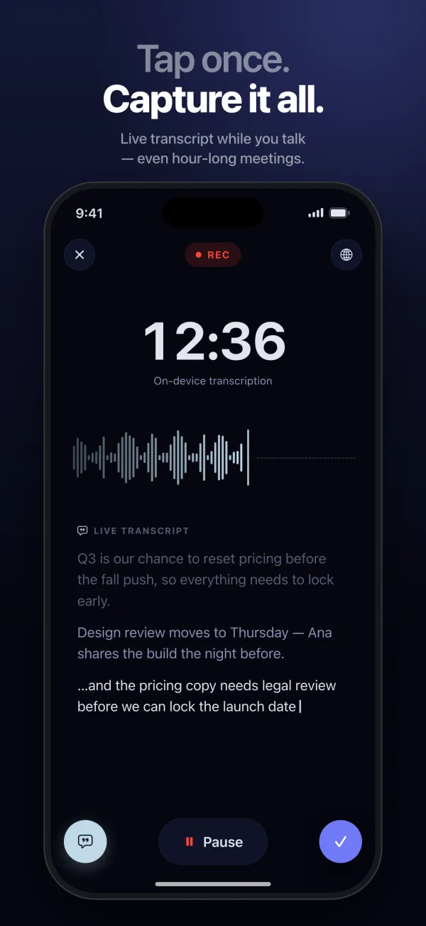 Recording a meeting while the transcript appears live, under the headline “Tap once. Capture it all.”