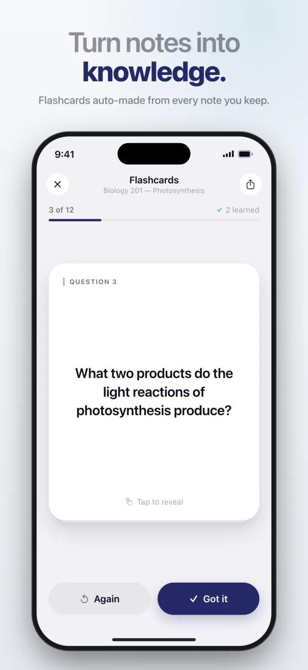 A flashcard made from a lecture note, under the headline “Turn notes into knowledge.”