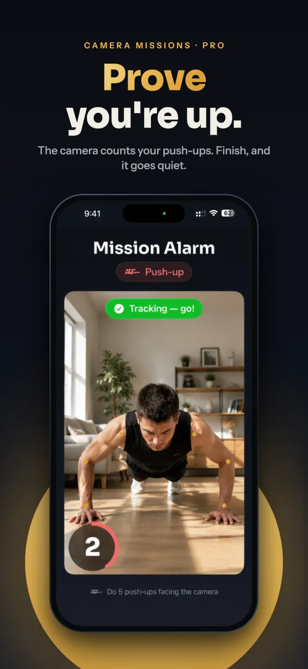 The camera counting push-ups to stop the alarm, under the headline “Prove you’re up.”