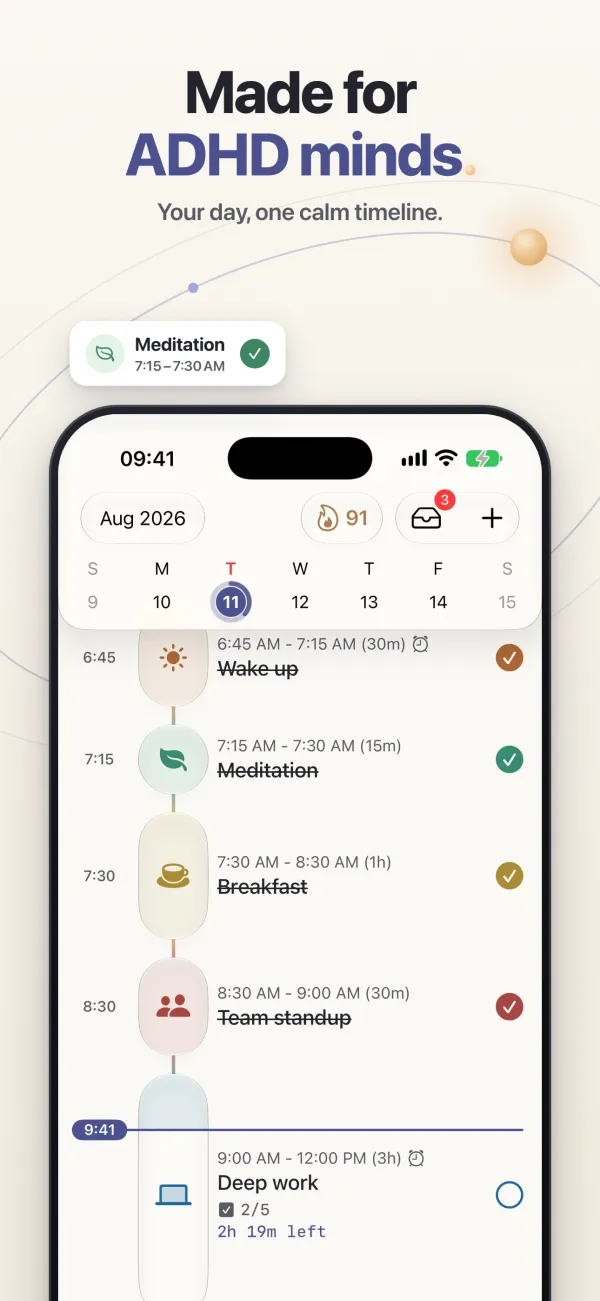 The day laid out as one vertical timeline of tasks and events, under the headline “Made for ADHD minds.”