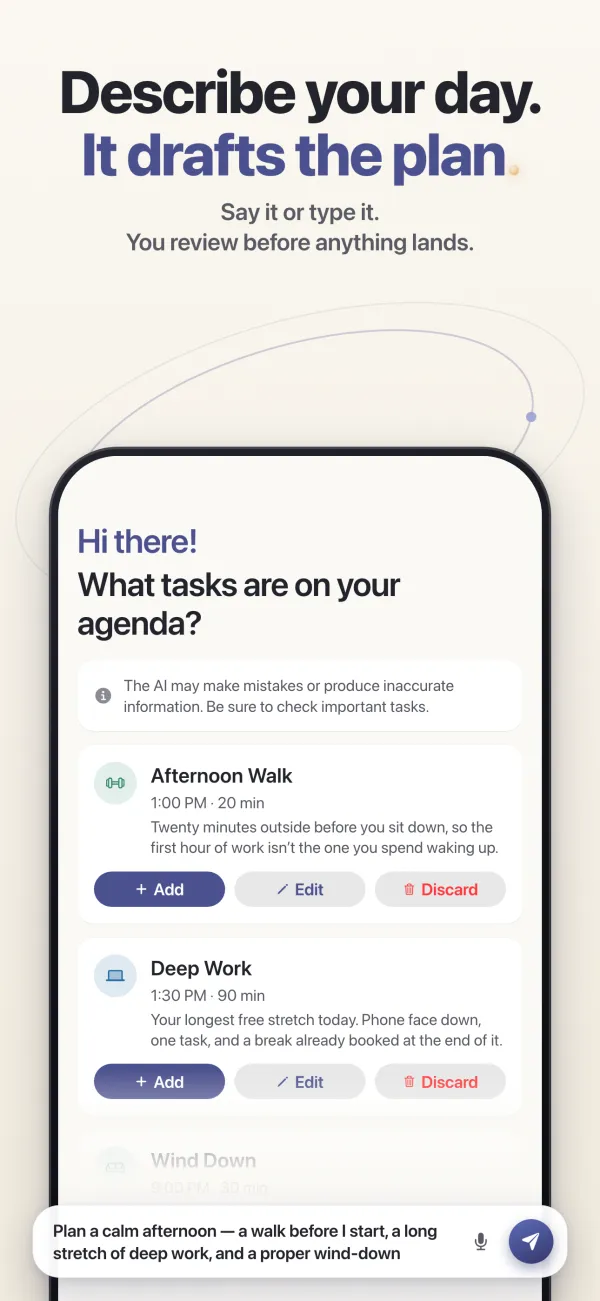 Describing an afternoon in one sentence and reviewing the tasks Tempus suggests before adding them, under the headline “Describe your day. It drafts the plan.”