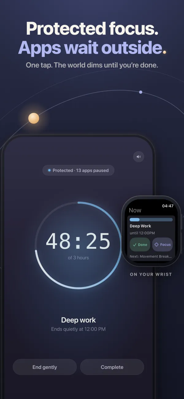 A focus session counting down with distracting apps paused, mirrored on Apple Watch, under the headline “Protected focus. Apps wait outside.”