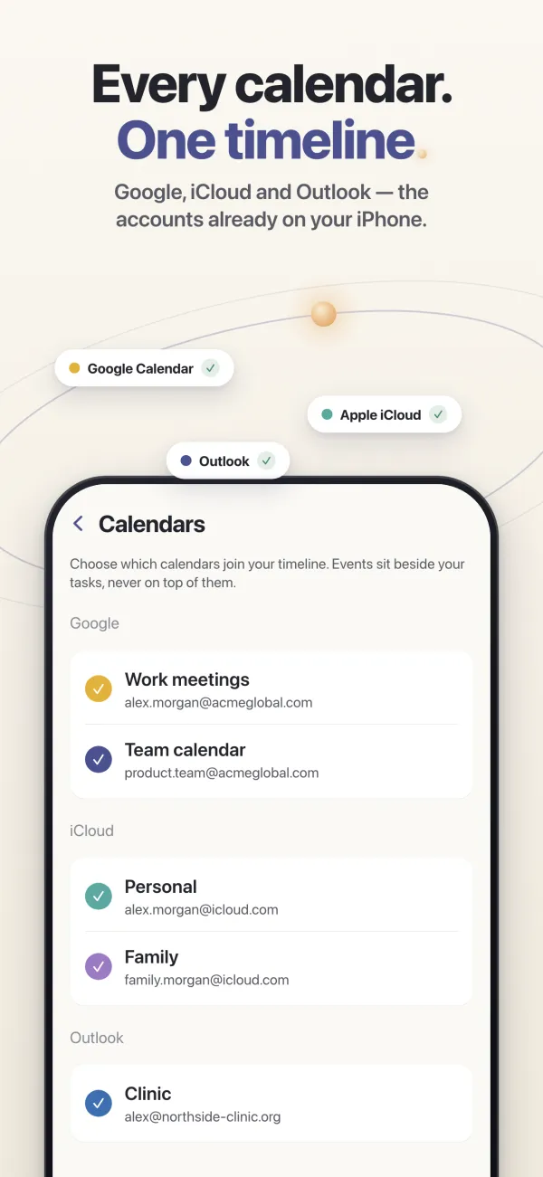 Google, iCloud and Outlook calendars feeding one timeline, under the headline “Every calendar. One timeline.”