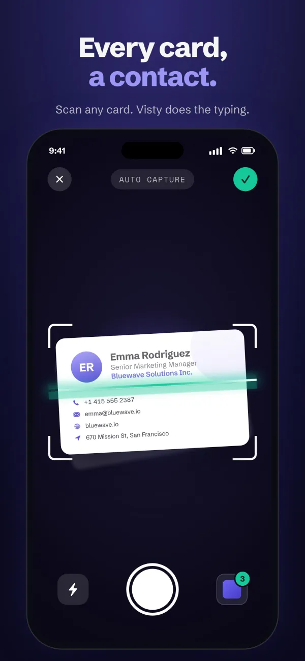 Scanning a business card with automatic capture, under the headline “Every card, a contact.”