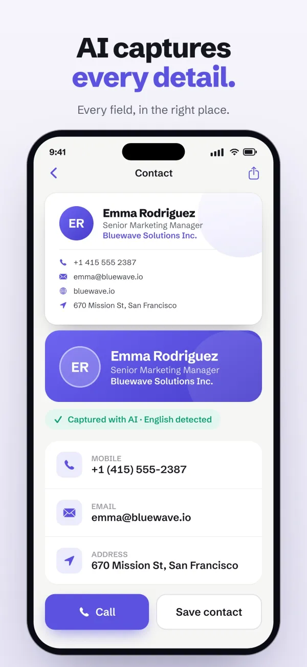 A scanned card turned into a contact with every field filled in, under the headline “AI captures every detail.”