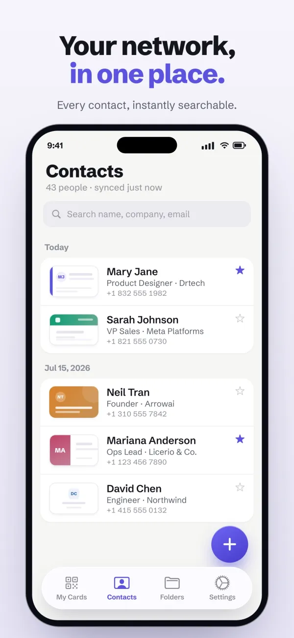 A searchable list of contacts collected from cards, under the headline “Your network, in one place.”