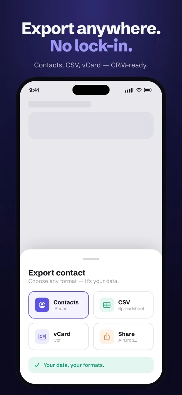 Exporting a contact to Contacts, CSV or vCard, under the headline “Export anywhere. No lock-in.”